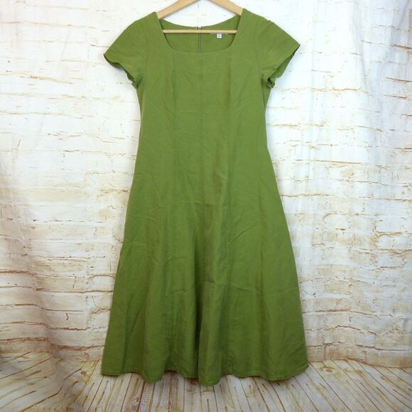 Uniqlo Dress Women XS Green Linen Blend Square Neck Short Sleeves Pockets Midi - Picture 4 of 15